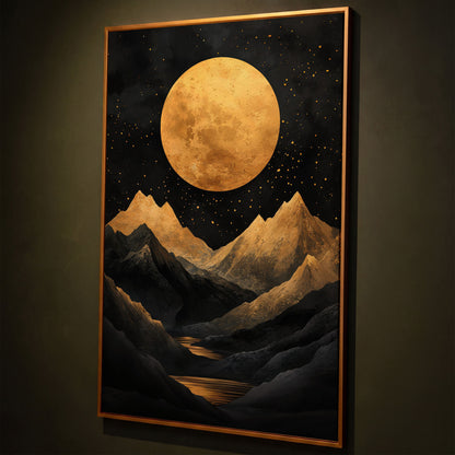 Golden Moon Over Mountains Canvas shown in antique gold floating frame