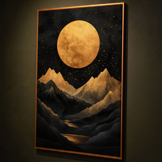 Golden Moon Over Mountains Canvas shown in antique gold floating frame