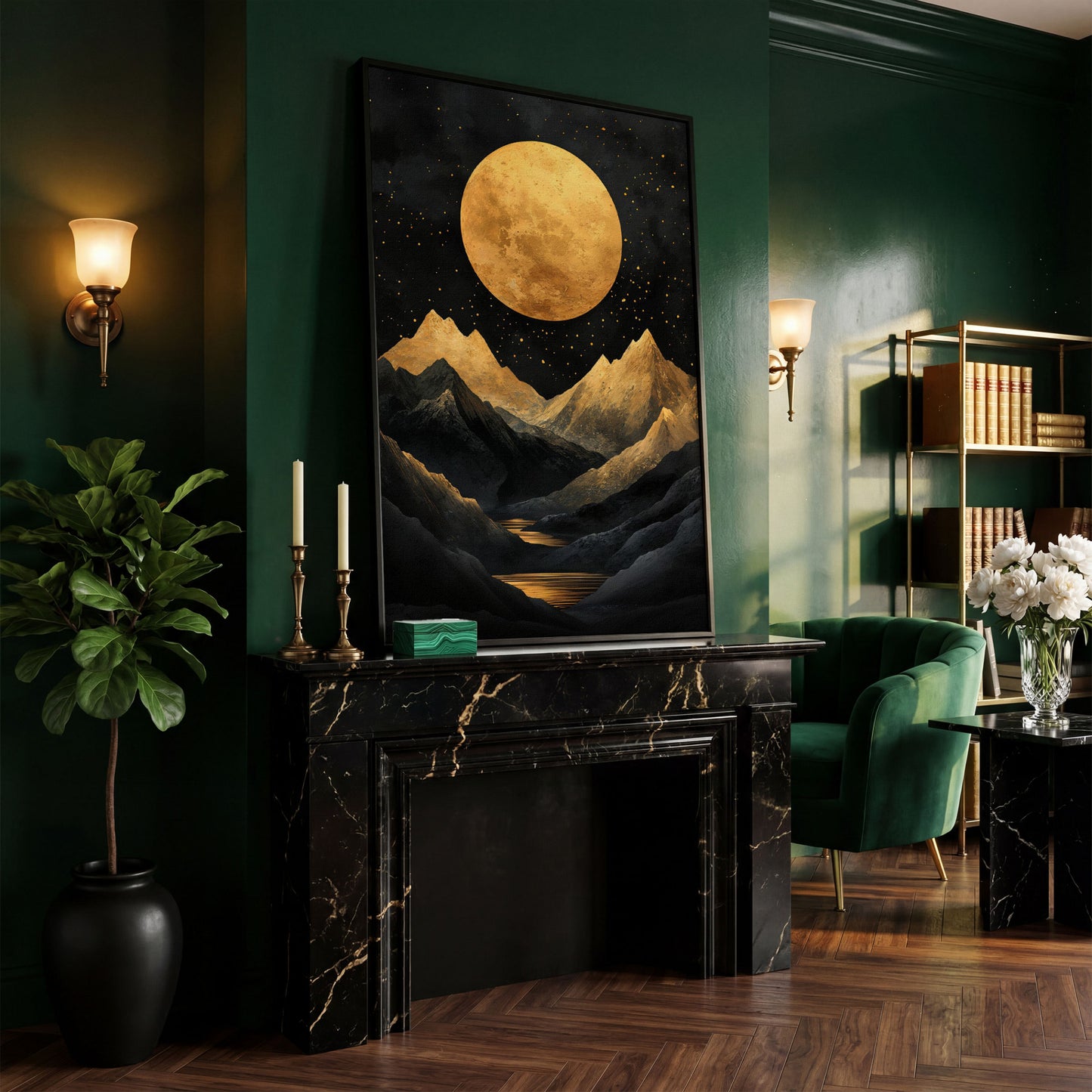 Golden Moon Over Mountains Canvas in black floating frame