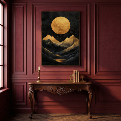 Golden Moon Over Mountains Canvas in dark walnut floating frame