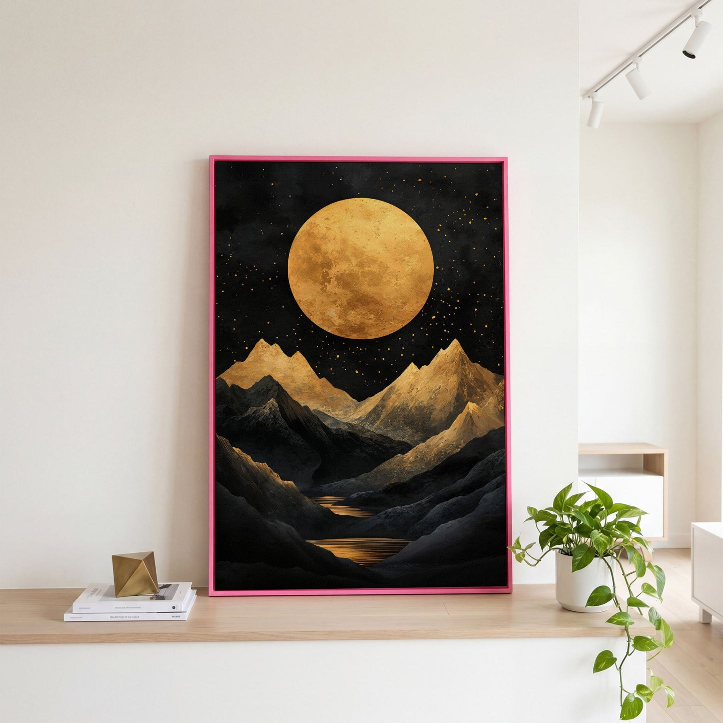 Golden Moon Over Mountains Canvas in pink floating frame