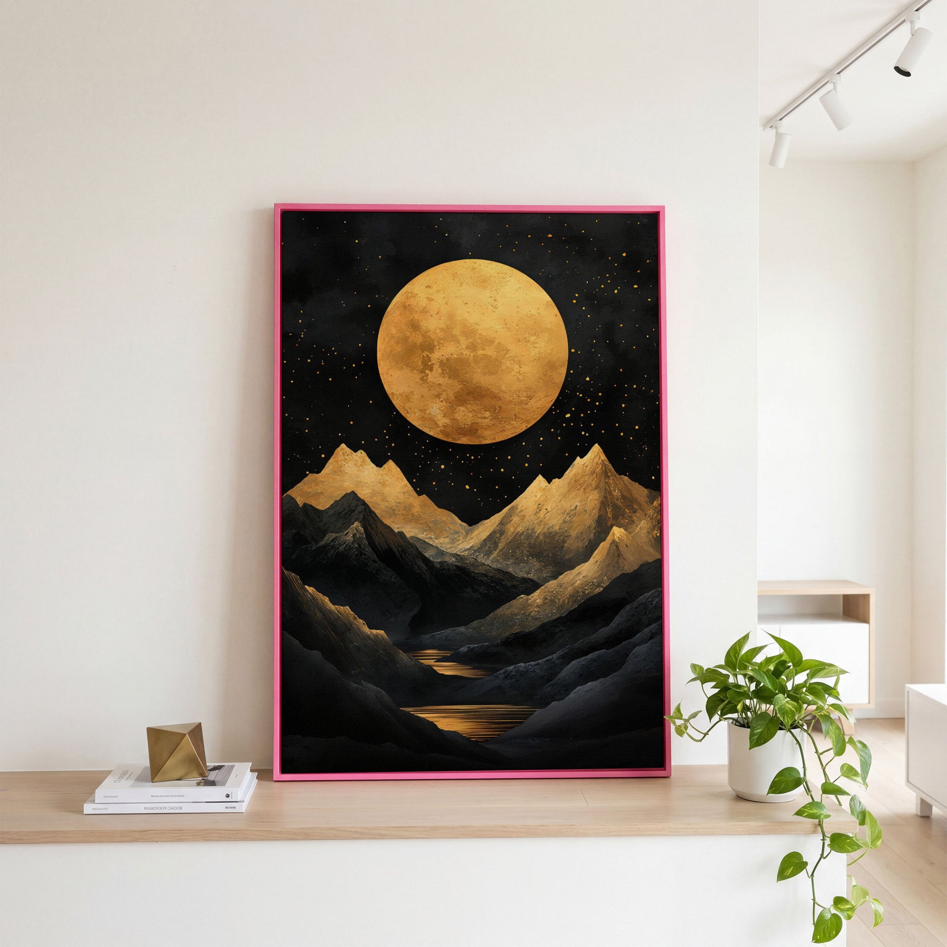 Golden Moon Over Mountains Canvas in pink floating frame