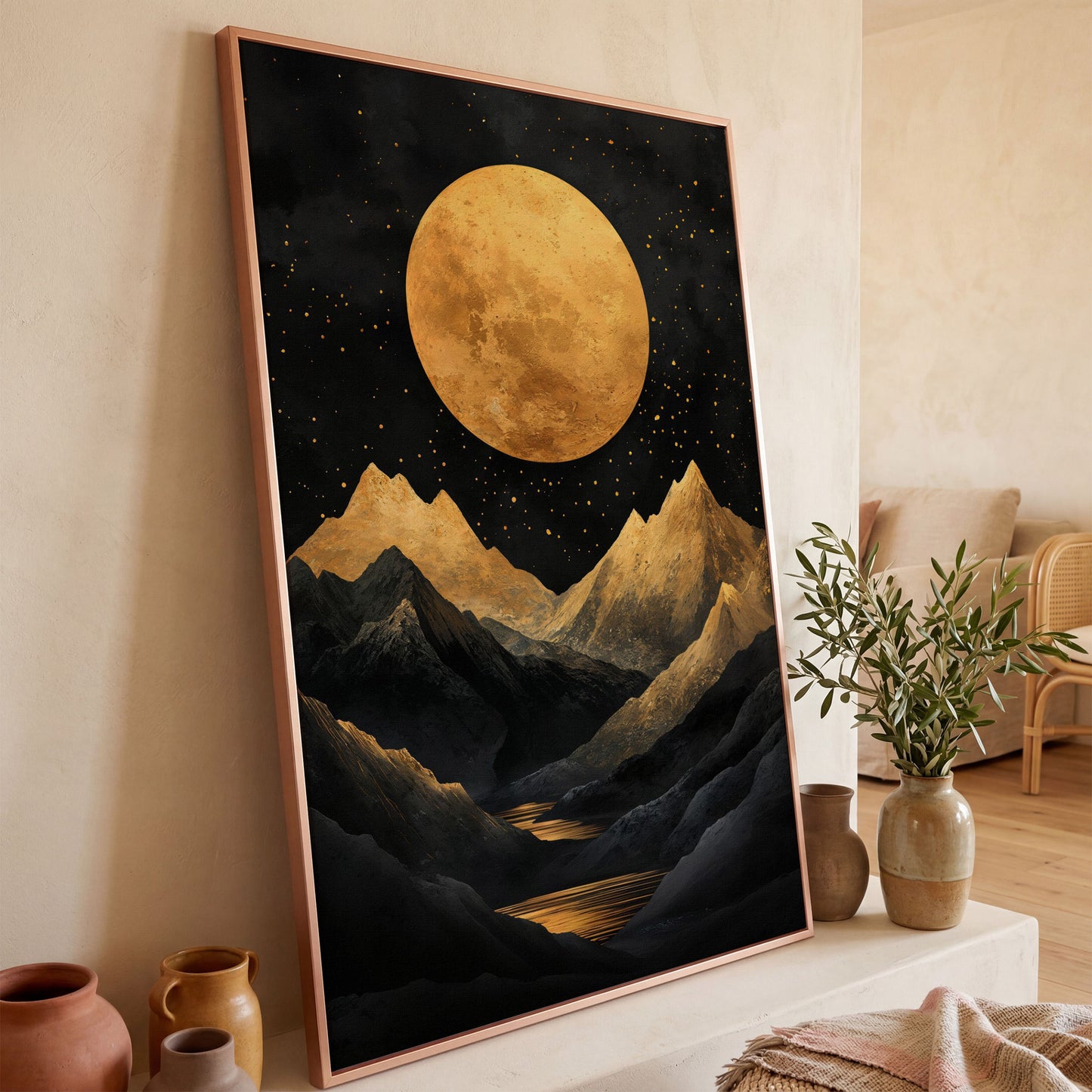 Golden Moon Over Mountains Canvas in rose gold floating frame