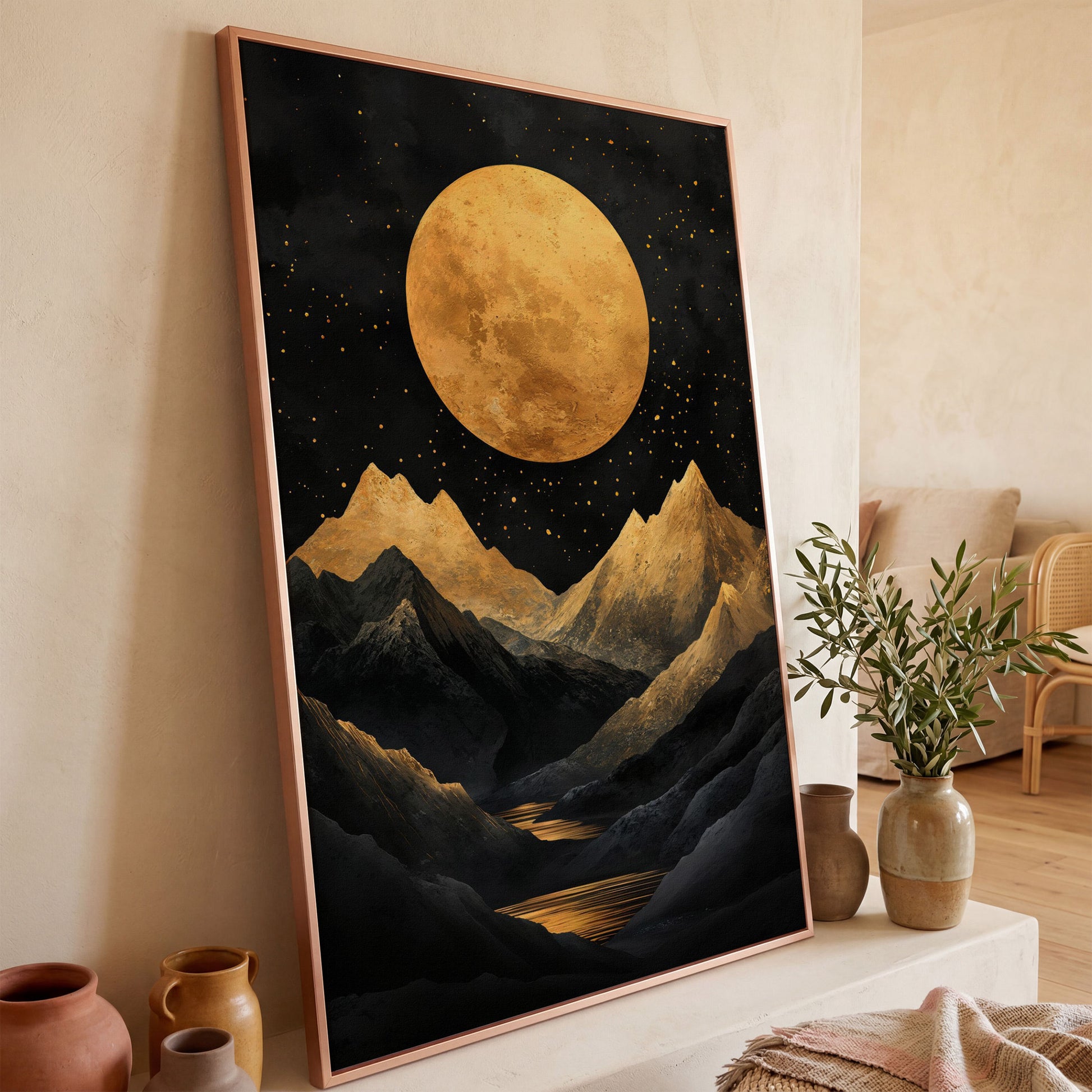 Golden Moon Over Mountains Canvas in rose gold floating frame