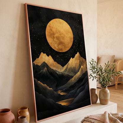 Golden Moon Over Mountains Canvas in rose gold floating frame