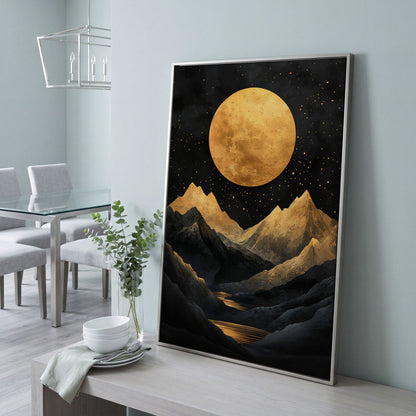 Golden Moon Over Mountains Canvas in silver floating frame