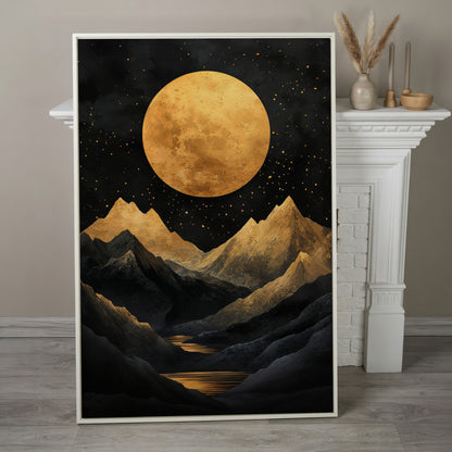 Golden Moon Over Mountains Canvas in white floating frame