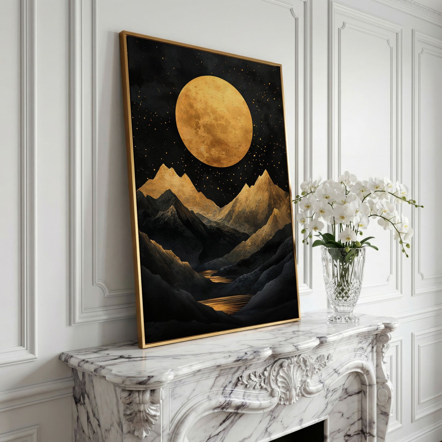 Golden Moon Over Mountains Canvas in yellow gold floating frame