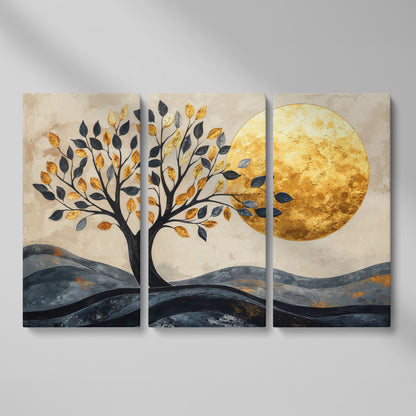 Surreal Tree and Moon Canvas Print as 3-panel split version