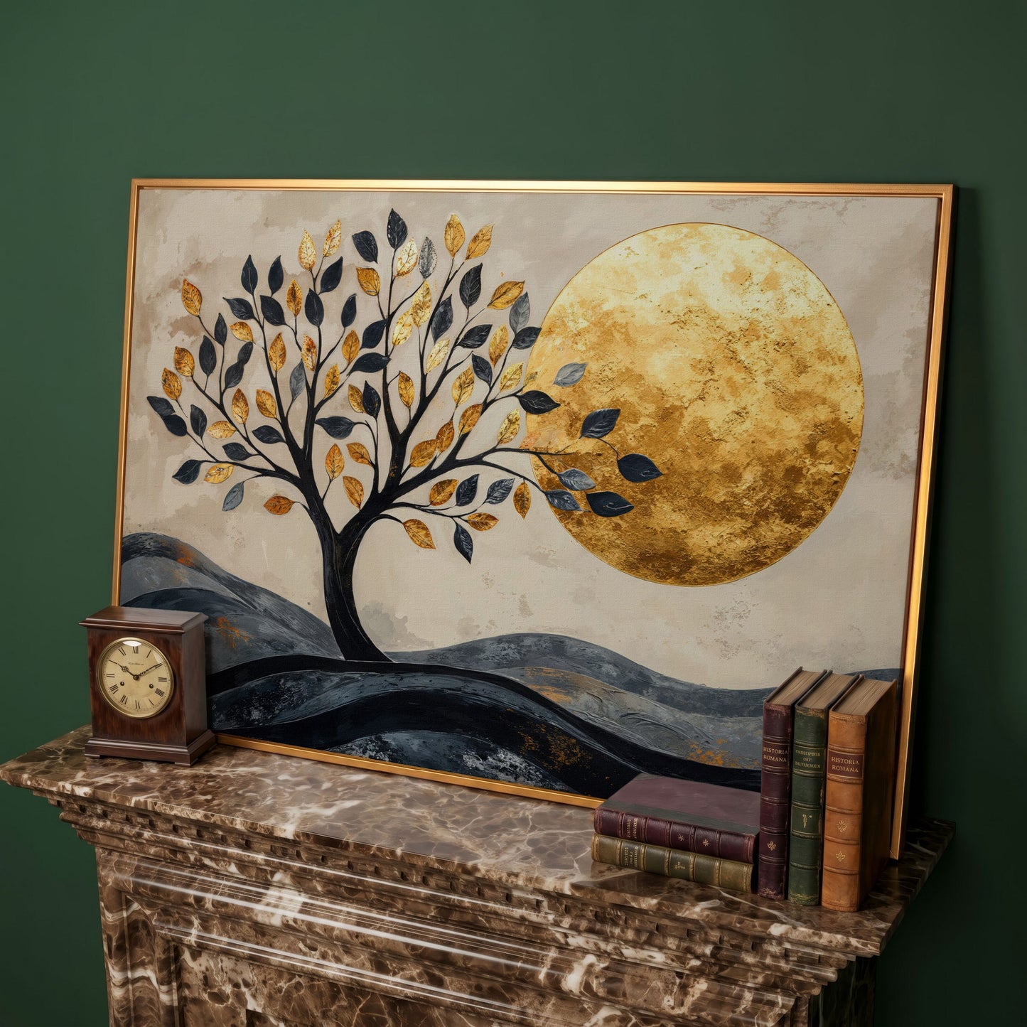 Surreal Tree and Moon Canvas Print in antique gold floating frame