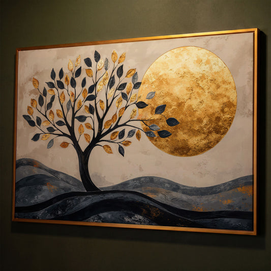 Surreal Tree and Moon Canvas Print shown in antique gold floating frame