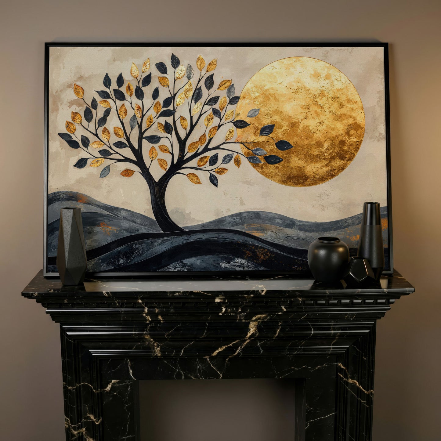 Surreal Tree and Moon Canvas Print in black floating frame