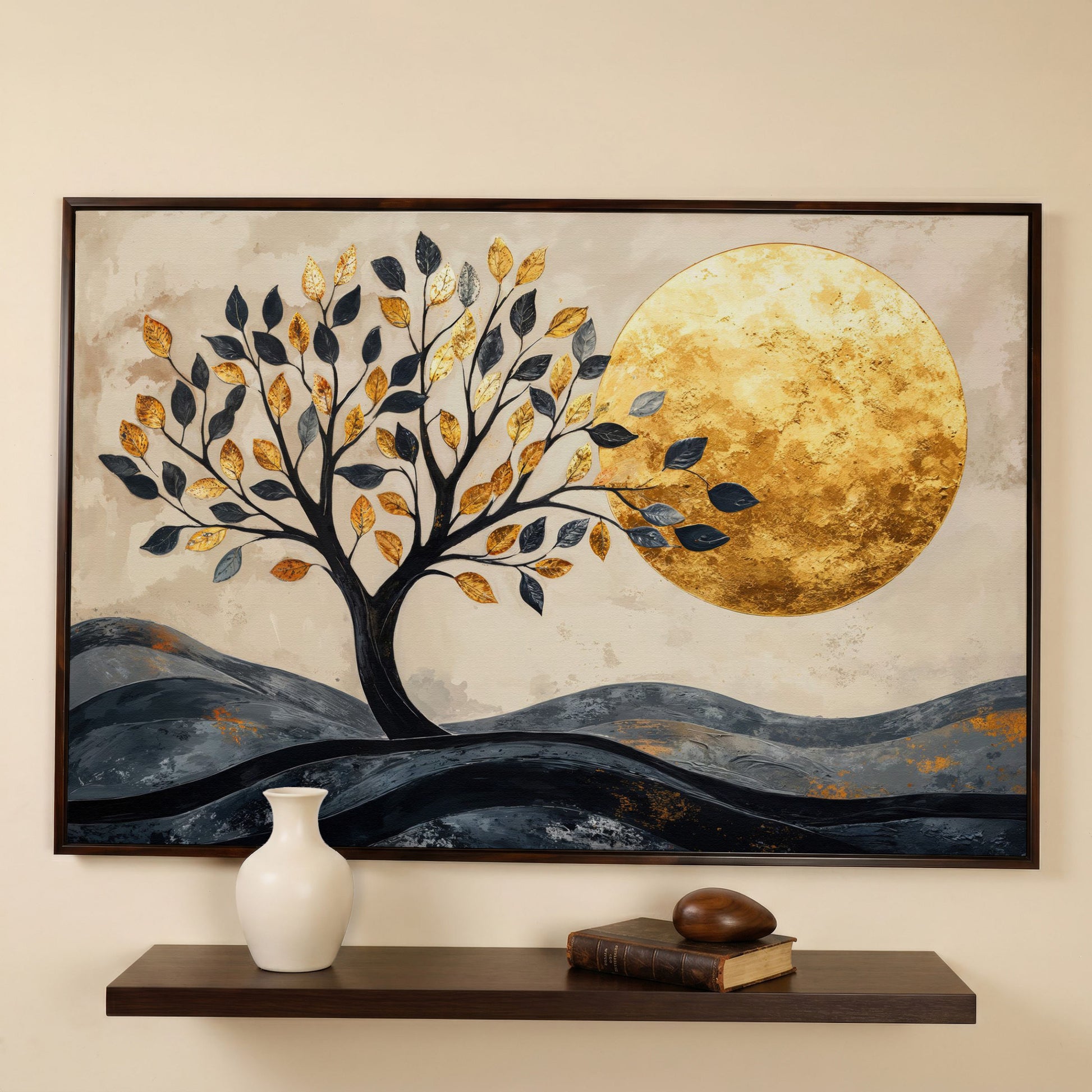 Surreal Tree and Moon Canvas Print in dark walnut floating frame