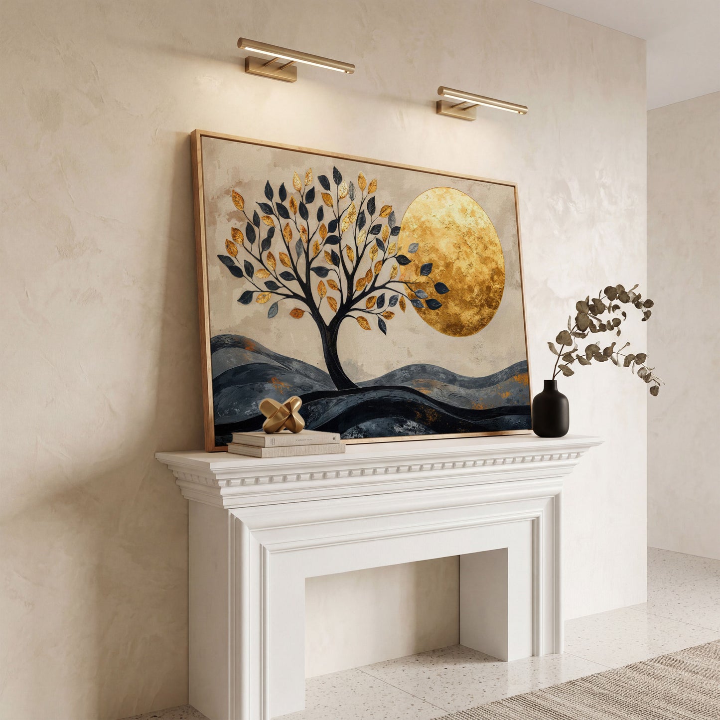 Surreal Tree and Moon Canvas Print in white oak floating frame