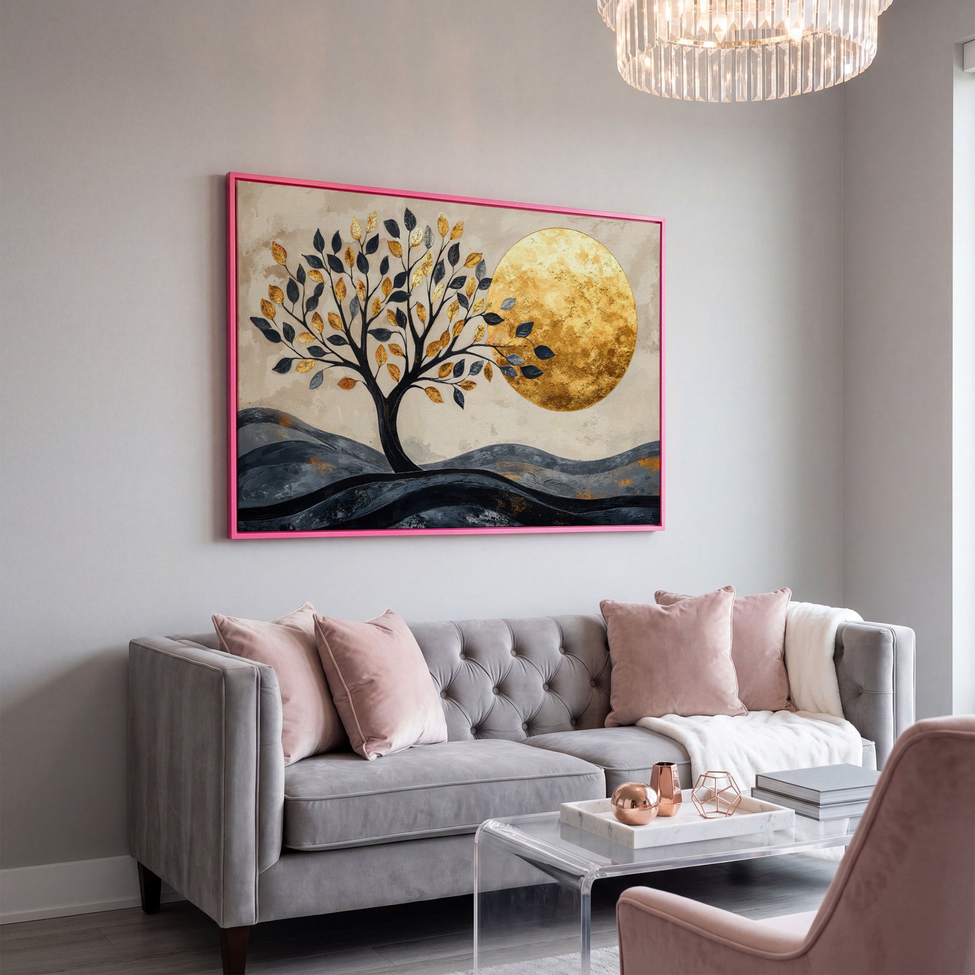 Surreal Tree and Moon Canvas Print in pink floating frame