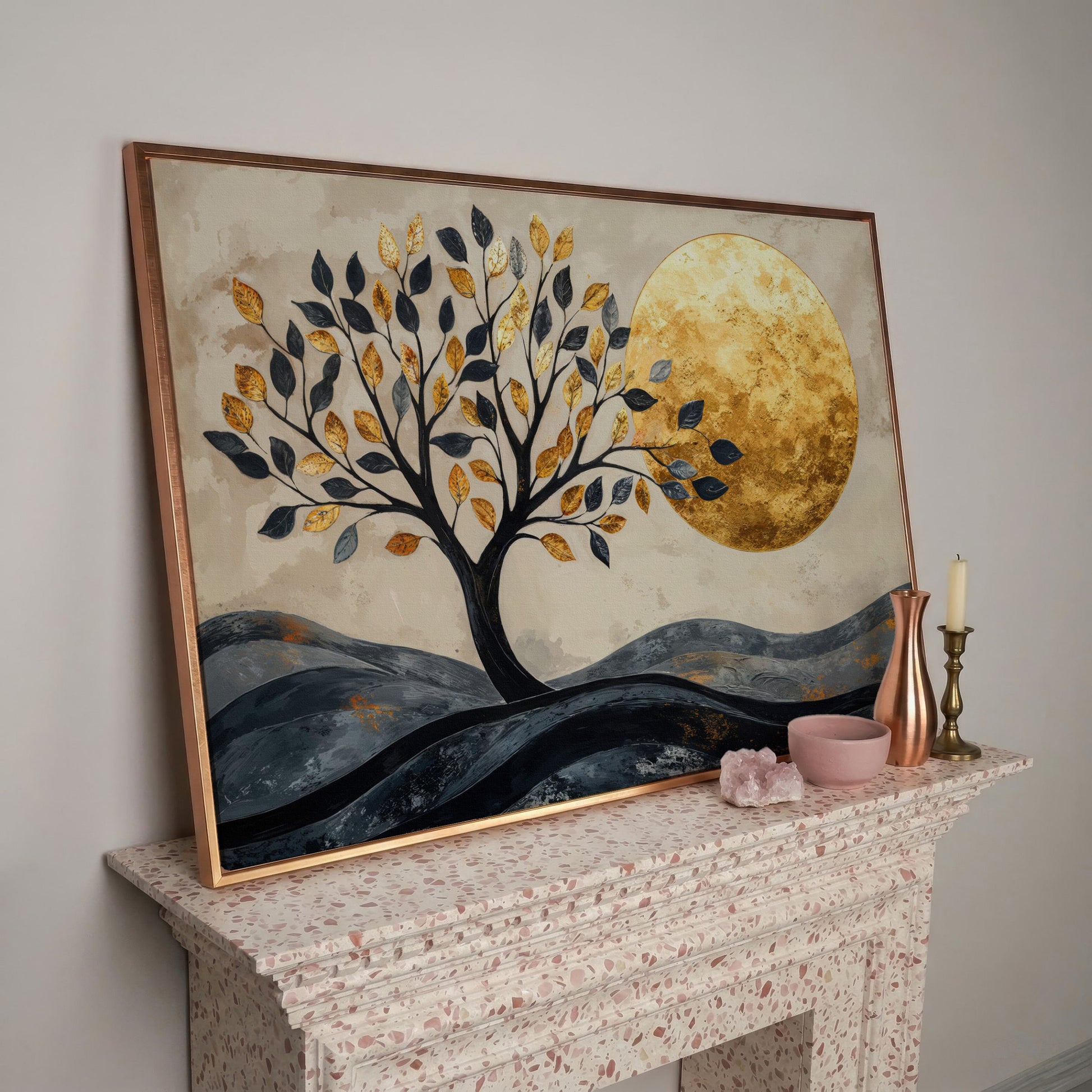 Surreal Tree and Moon Canvas Print in rose gold floating frame