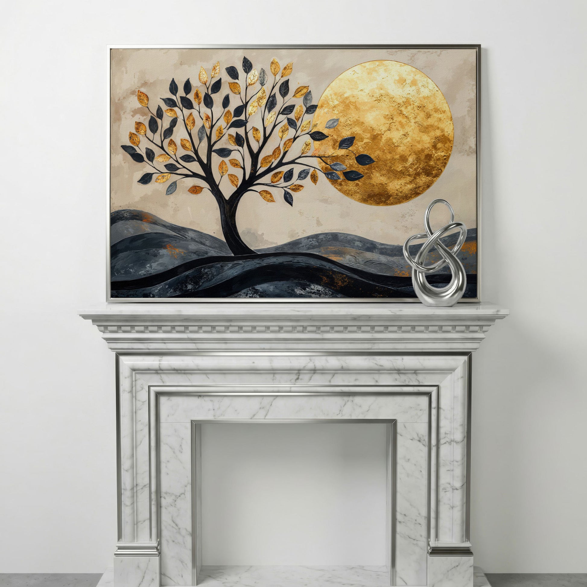 Surreal Tree and Moon Canvas Print in silver floating frame