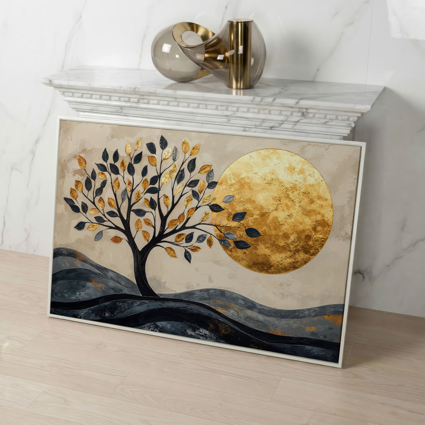Surreal Tree and Moon Canvas Print in white floating frame