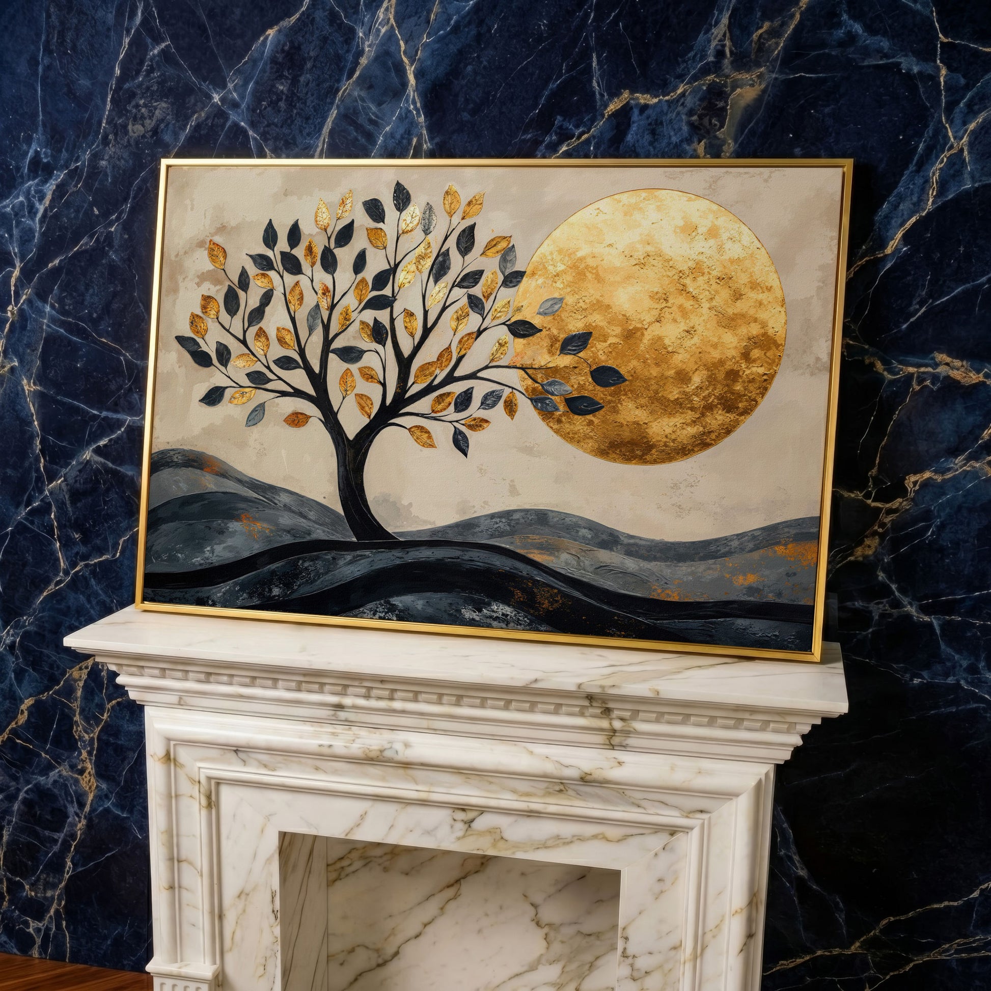 Surreal Tree and Moon Canvas Print in yellow gold floating frame
