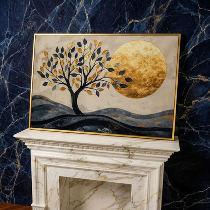 Surreal Tree and Moon Canvas Print in yellow gold floating frame