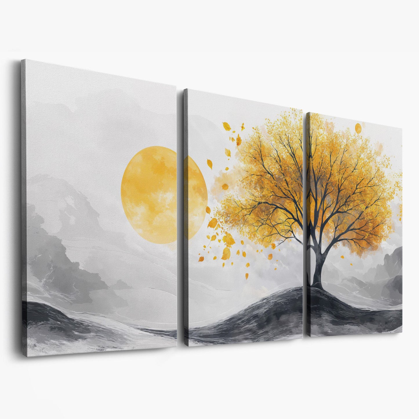 Golden Leaf Tree and Sun Canvas Art as 3-panel split version