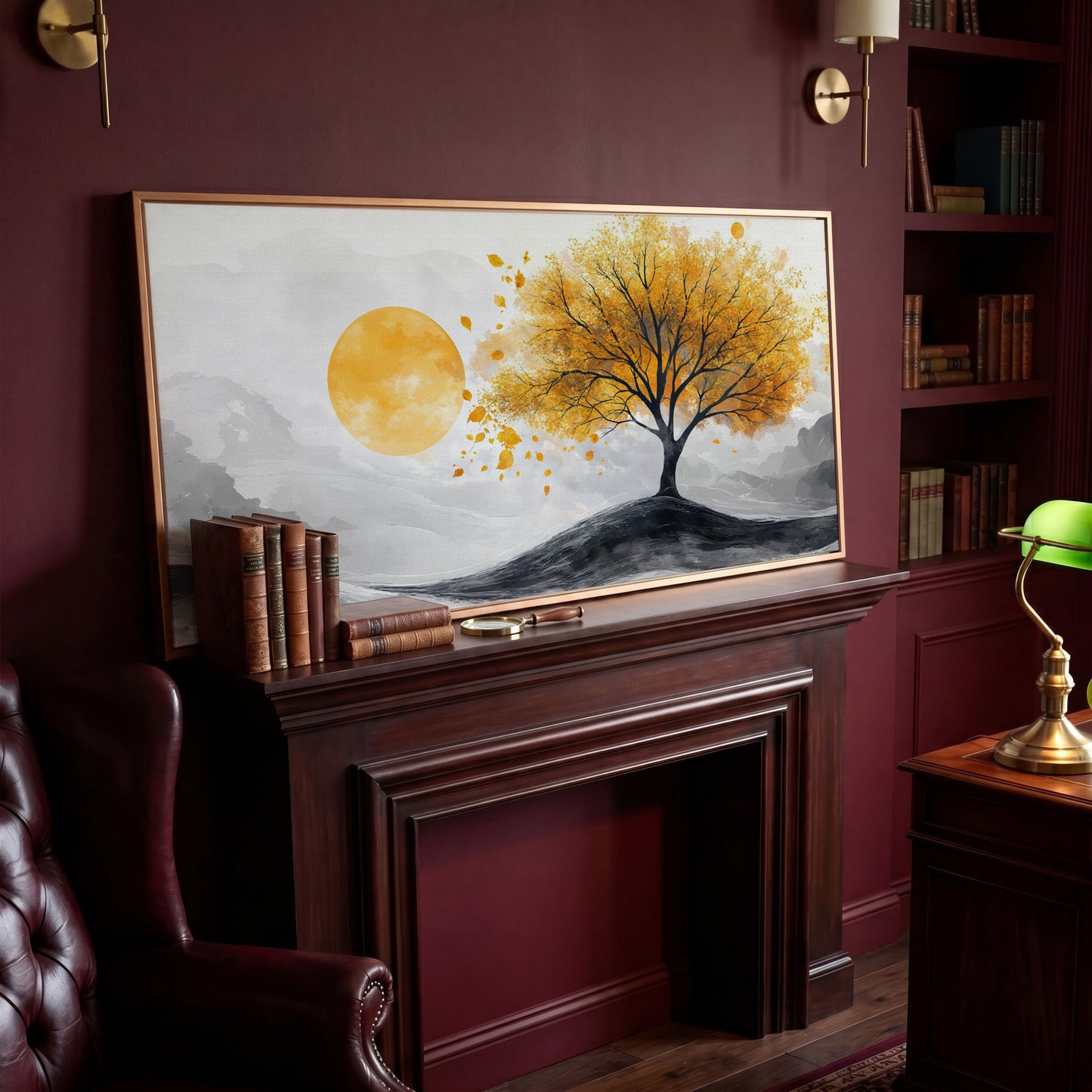 Golden Leaf Tree and Sun Canvas Art in antique gold floating frame