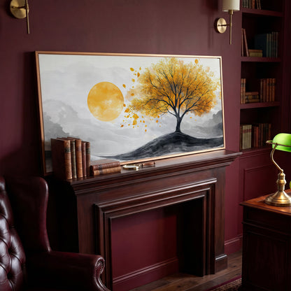 Golden Leaf Tree and Sun Canvas Art in antique gold floating frame