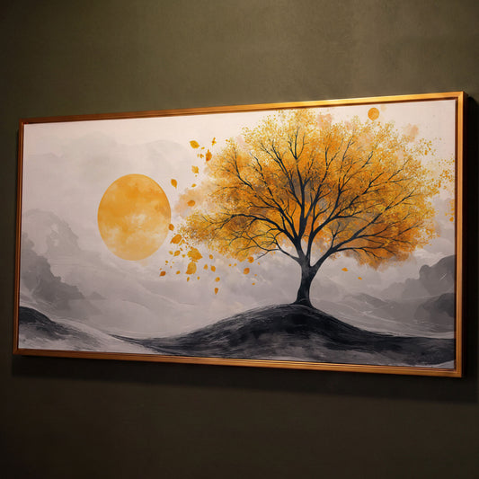 Golden Leaf Tree and Sun Canvas Art shown in antique gold floating frame