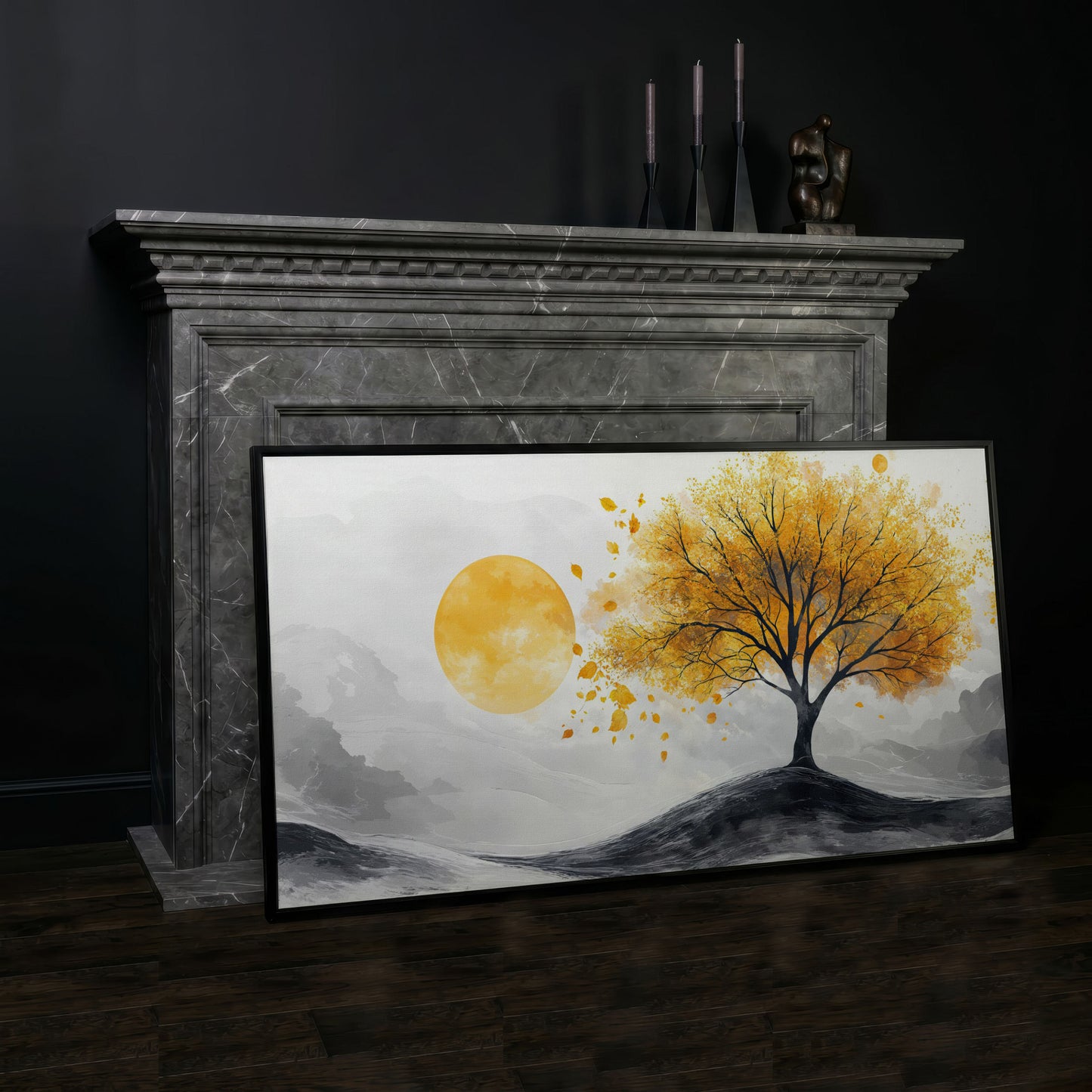 Golden Leaf Tree and Sun Canvas Art in black floating frame
