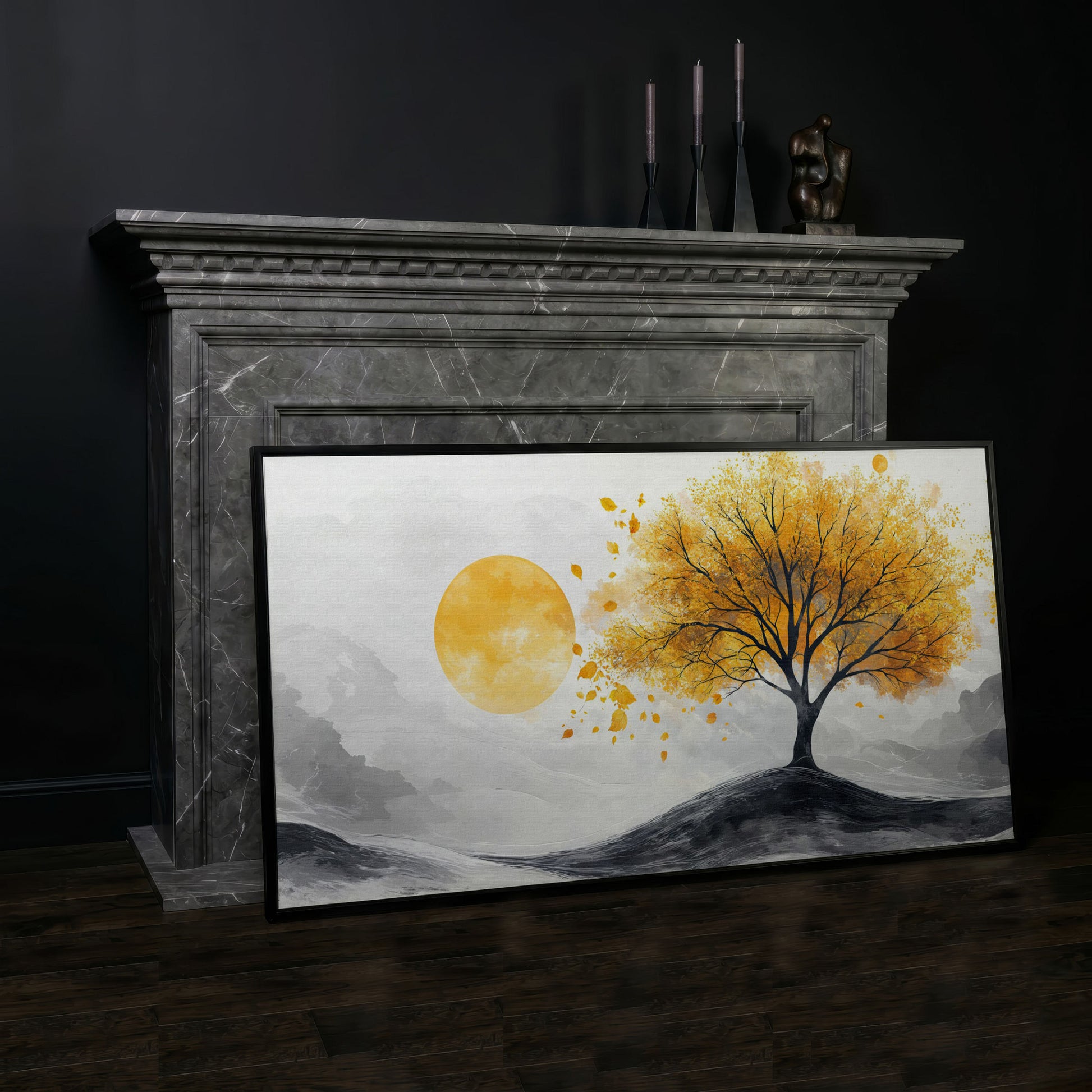 Golden Leaf Tree and Sun Canvas Art in black floating frame