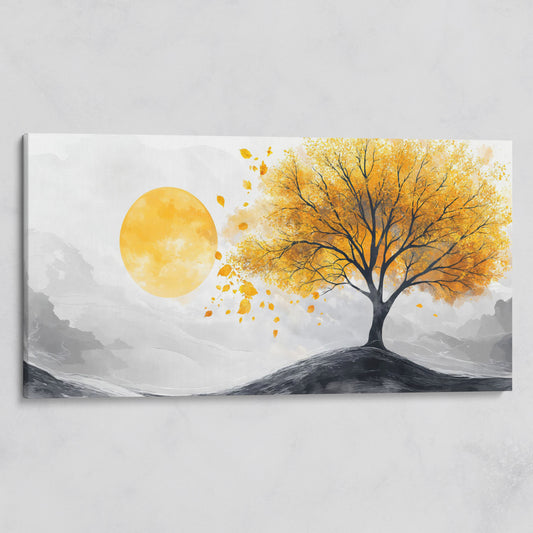 Golden Leaf Tree and Sun Canvas Art on gallery wrap