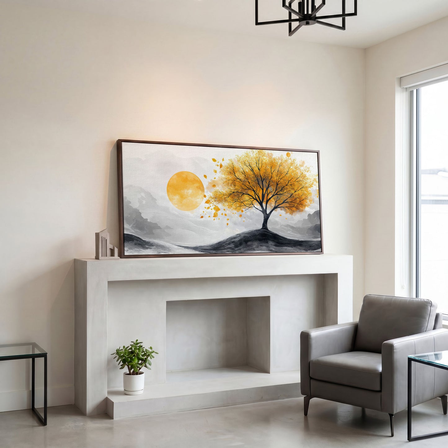 Golden Leaf Tree and Sun Canvas Art in dark walnut floating frame