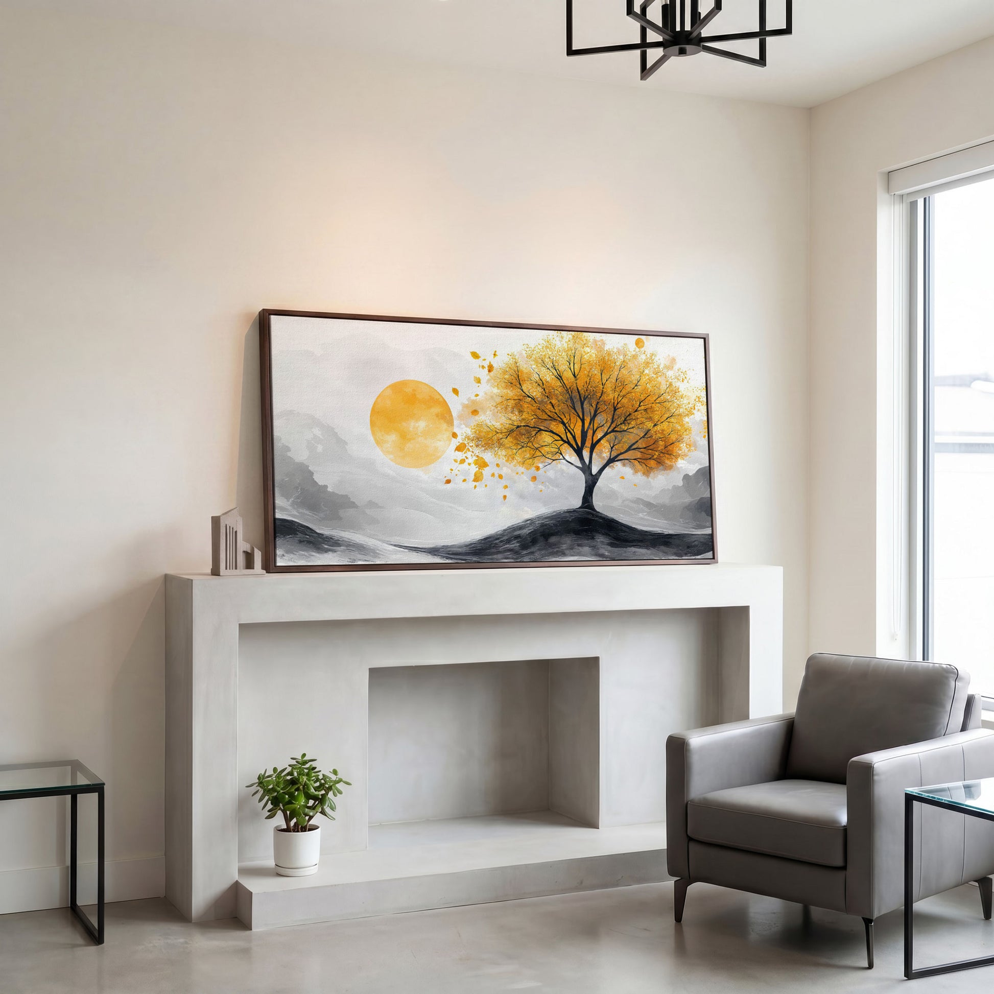 Golden Leaf Tree and Sun Canvas Art in dark walnut floating frame