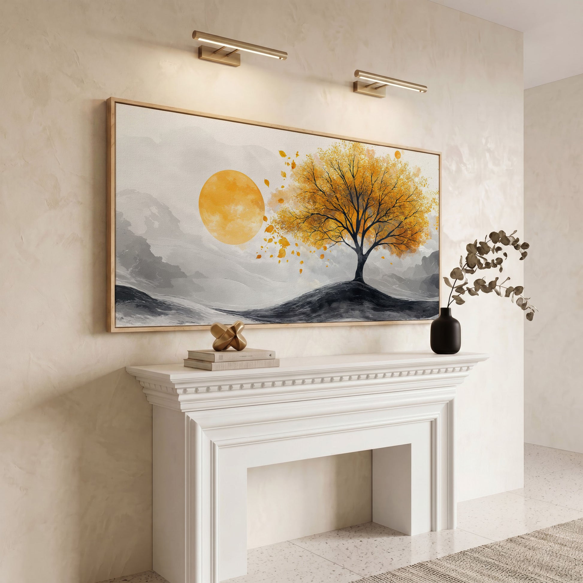 Golden Leaf Tree and Sun Canvas Art in white oak floating frame
