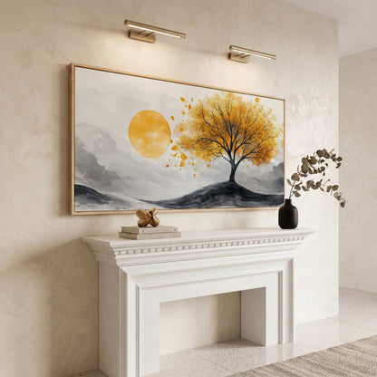 Golden Leaf Tree and Sun Canvas Art in white oak floating frame