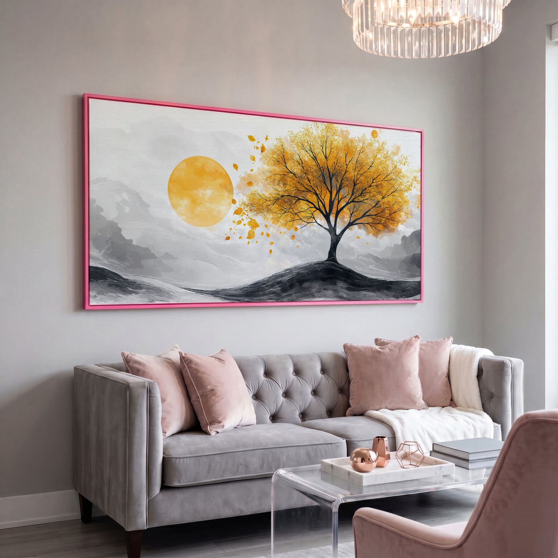 Golden Leaf Tree and Sun Canvas Art in pink floating frame