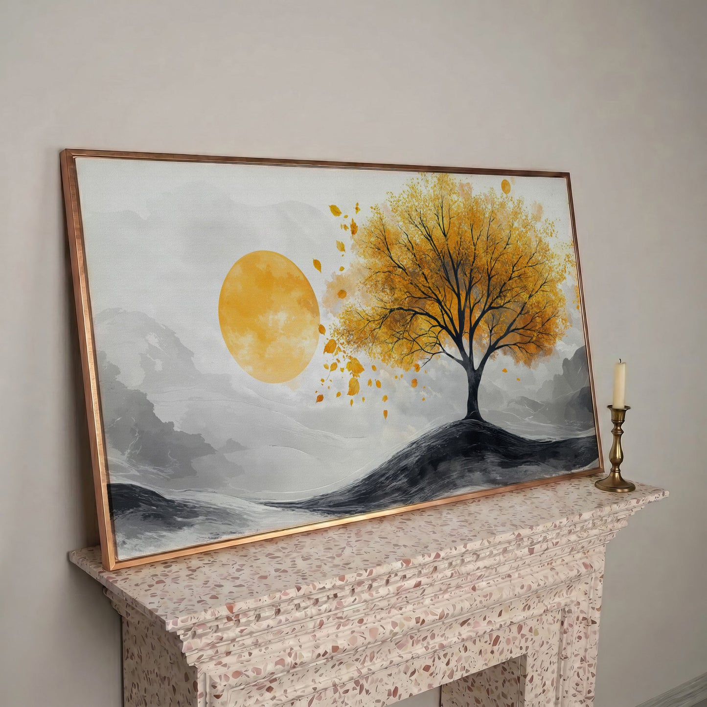 Golden Leaf Tree and Sun Canvas Art in rose gold floating frame