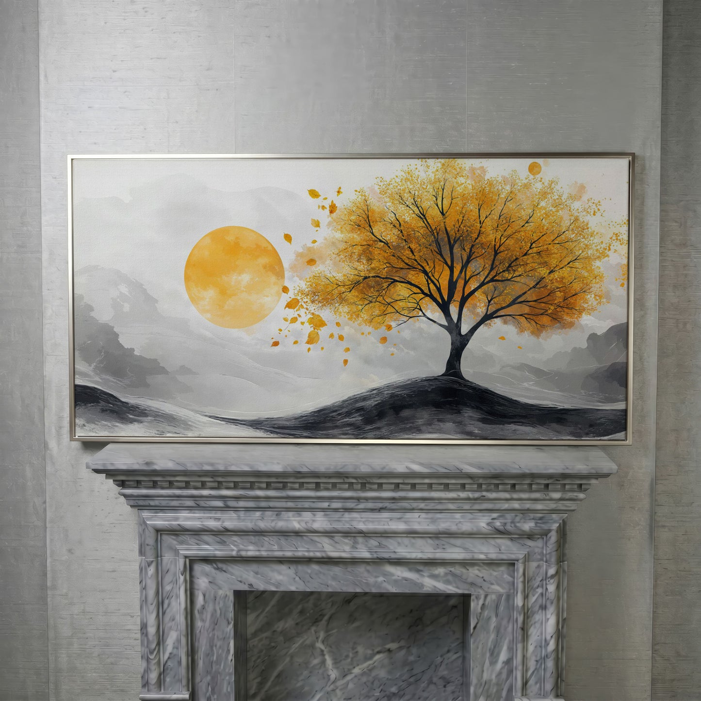 Golden Leaf Tree and Sun Canvas Art in silver floating frame