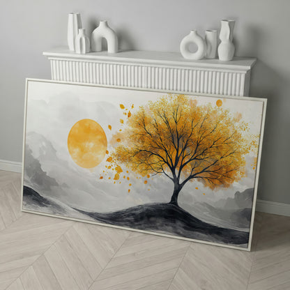 Golden Leaf Tree and Sun Canvas Art in white floating frame
