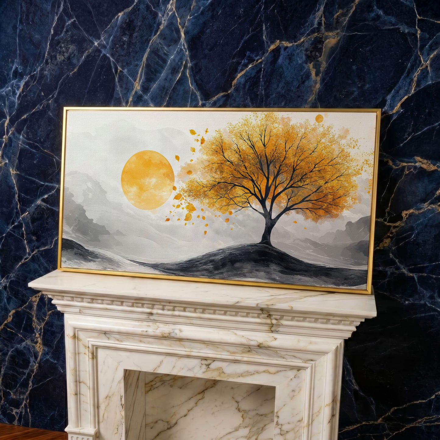 Golden Leaf Tree and Sun Canvas Art in yellow gold floating frame