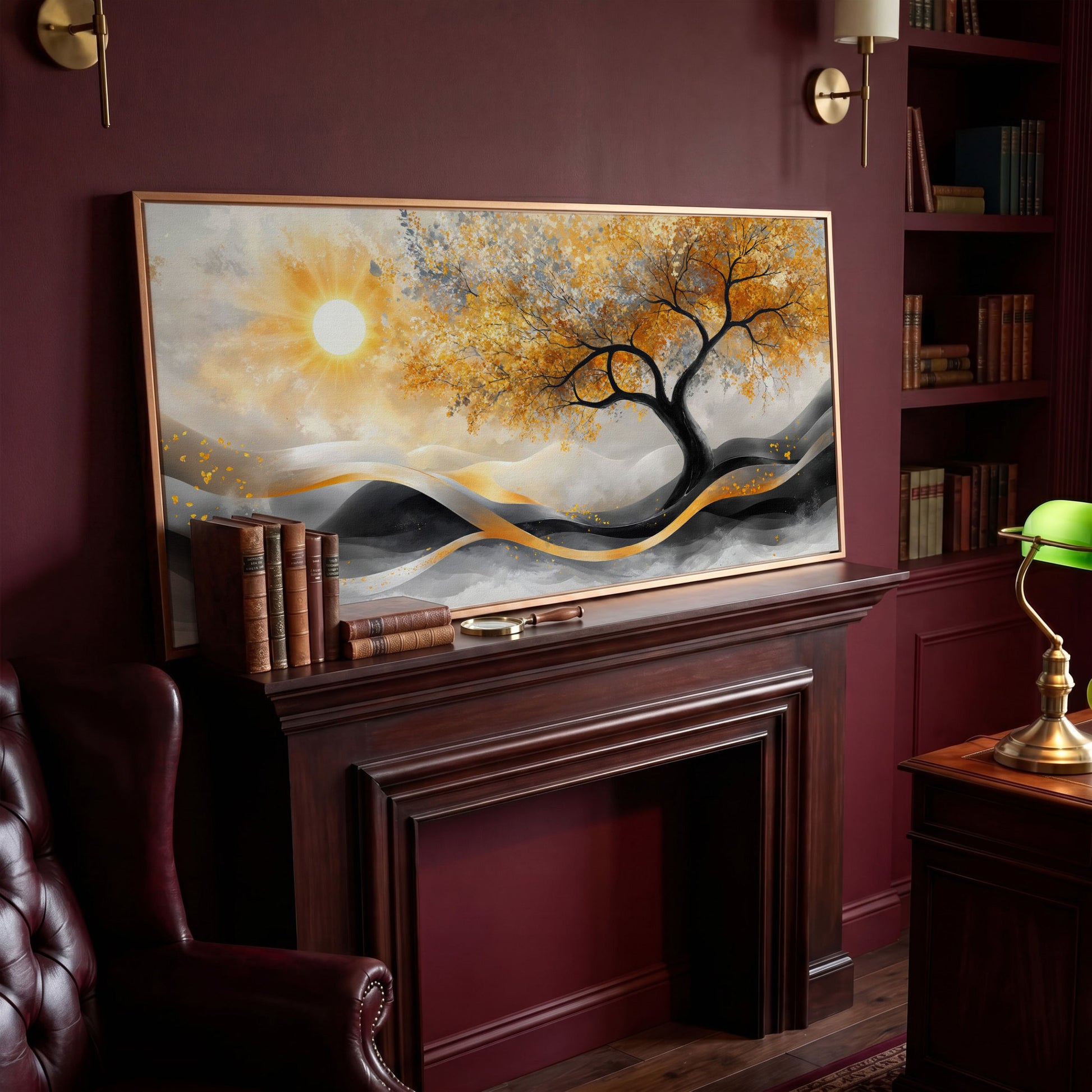 Autumn Tree Landscape Canvas in antique gold floating frame