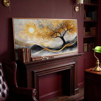 Autumn Tree Landscape Canvas in antique gold floating frame