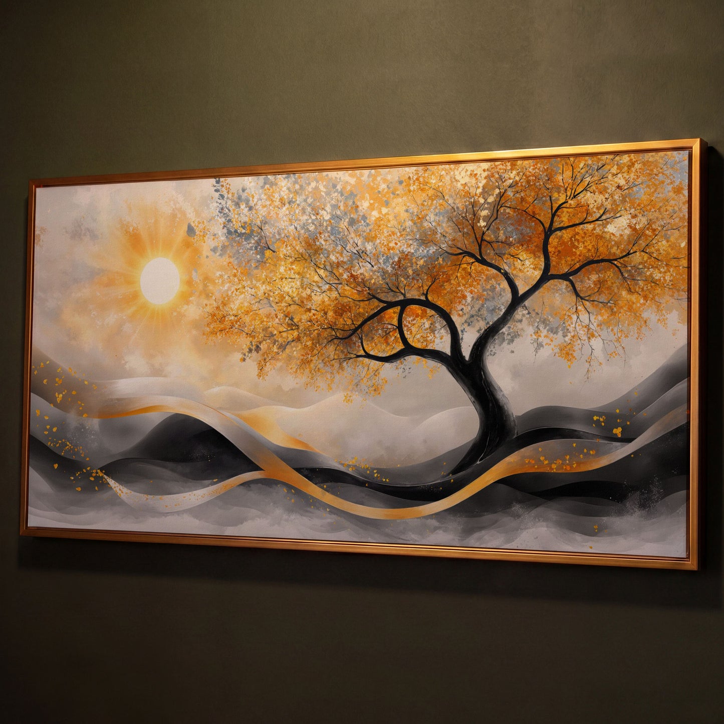 Autumn Tree Landscape Canvas shown in antique gold floating frame