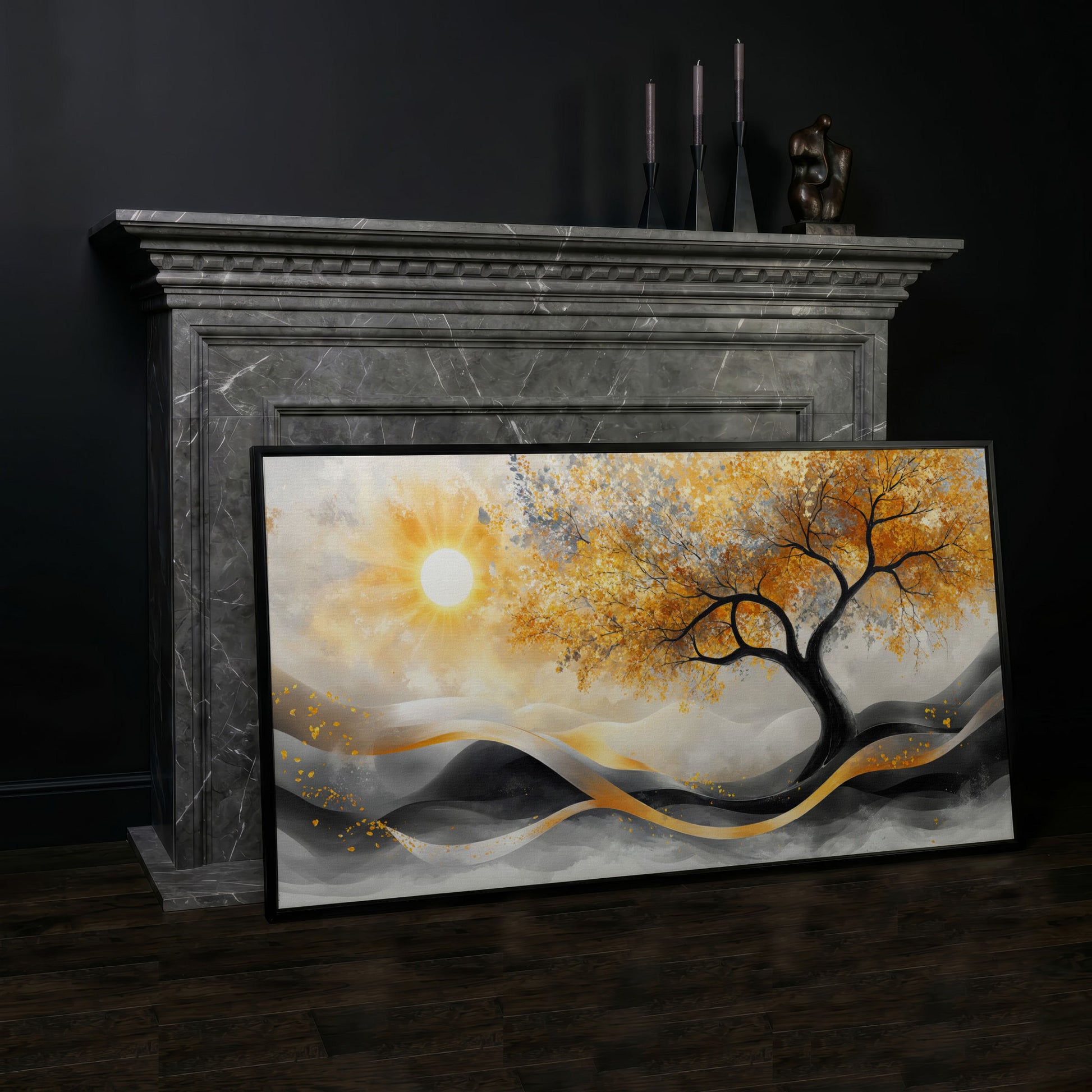 Autumn Tree Landscape Canvas in black floating frame