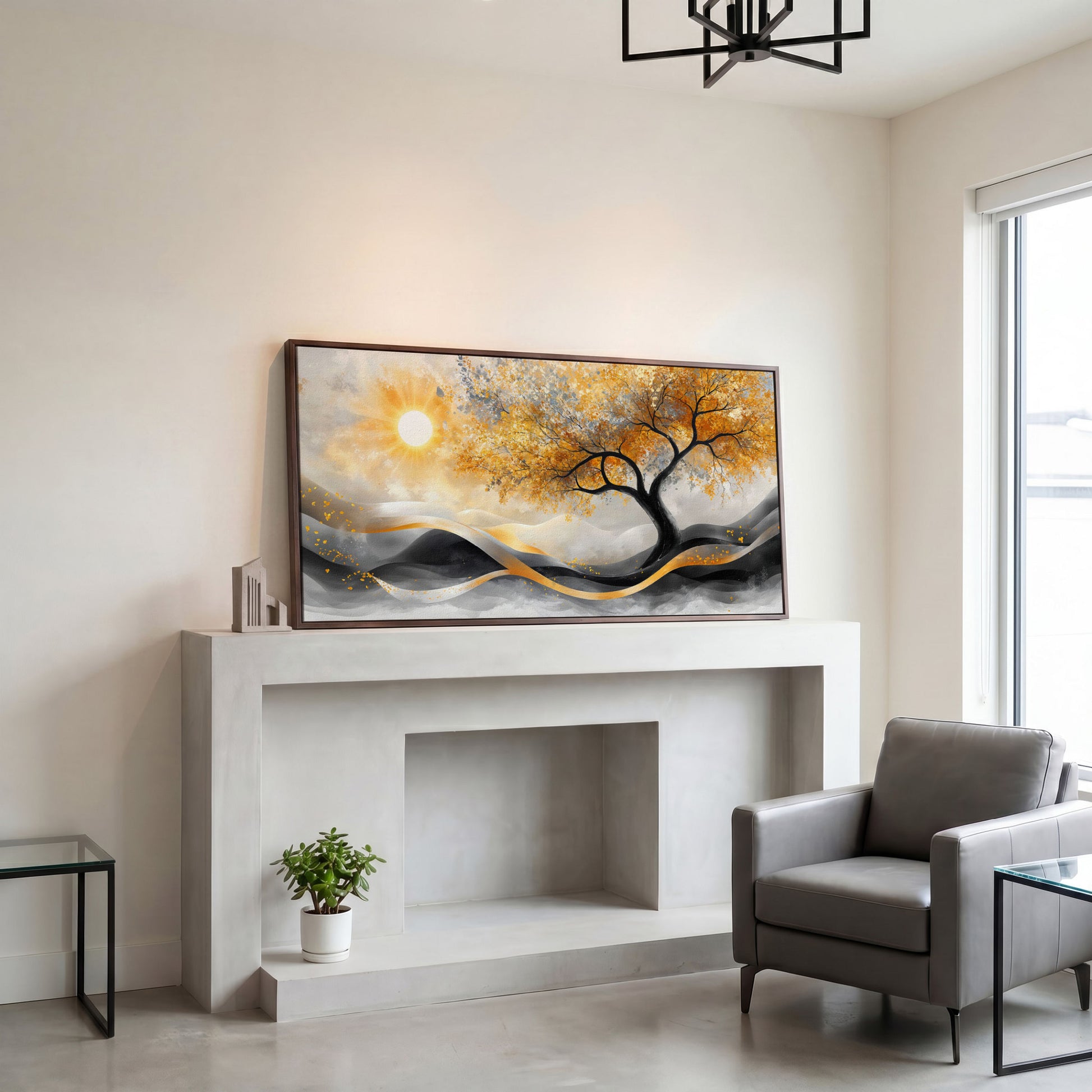 Autumn Tree Landscape Canvas in dark walnut floating frame