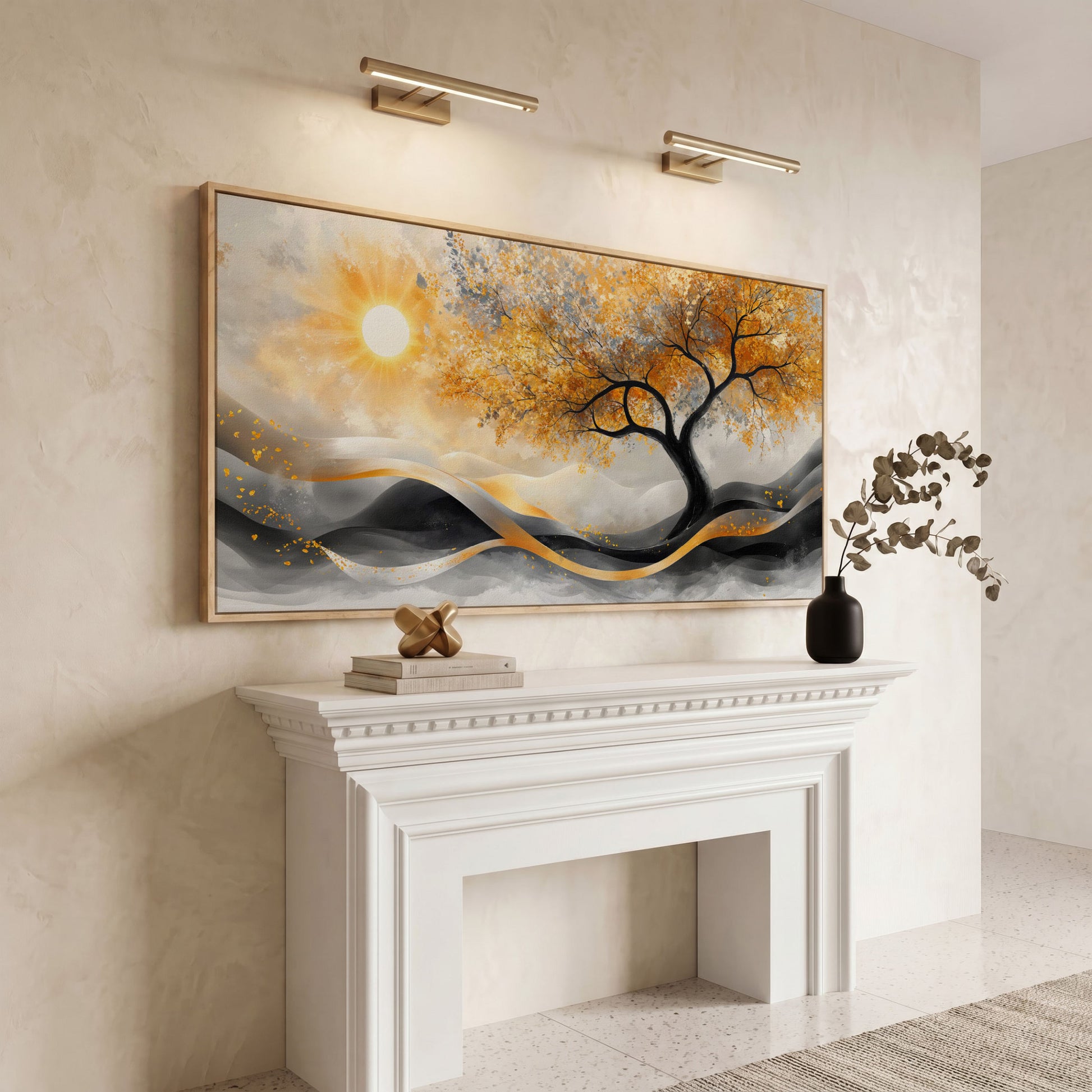 Autumn Tree Landscape Canvas in white oak floating frame