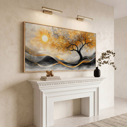 Autumn Tree Landscape Canvas in white oak floating frame