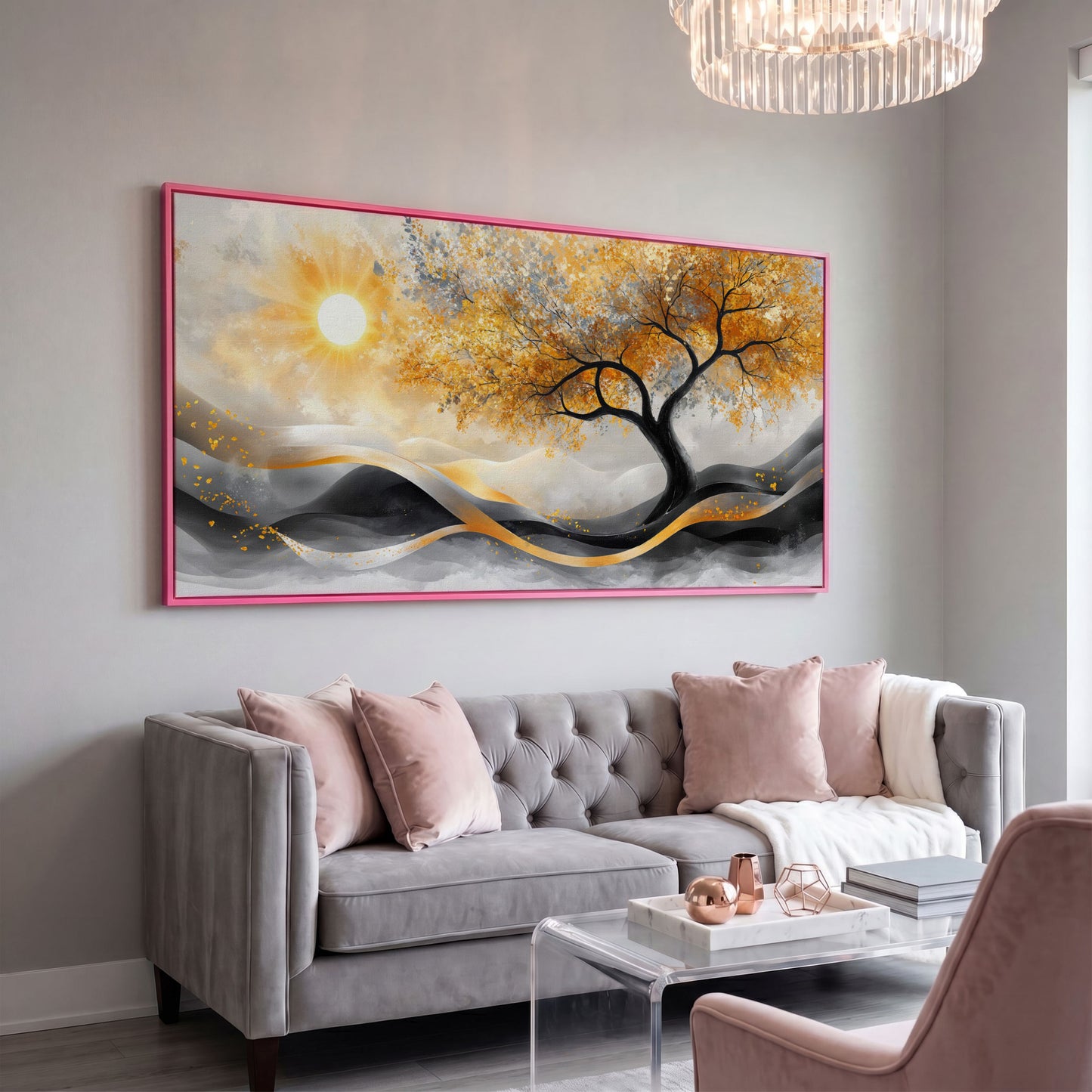 Autumn Tree Landscape Canvas in pink floating frame