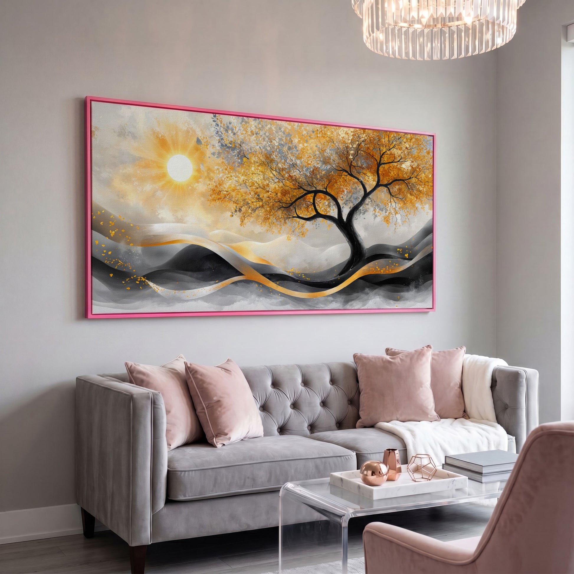 Autumn Tree Landscape Canvas in pink floating frame