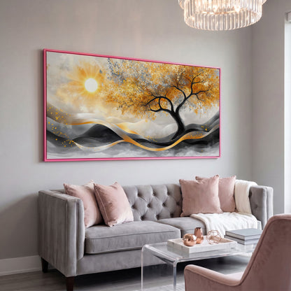 Autumn Tree Landscape Canvas in pink floating frame